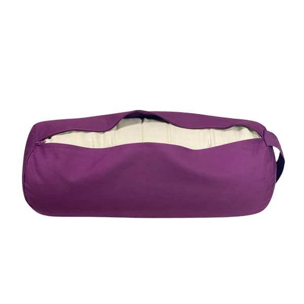 An aubergine purple bolster unzipped showing the inner casing containing buckwheat